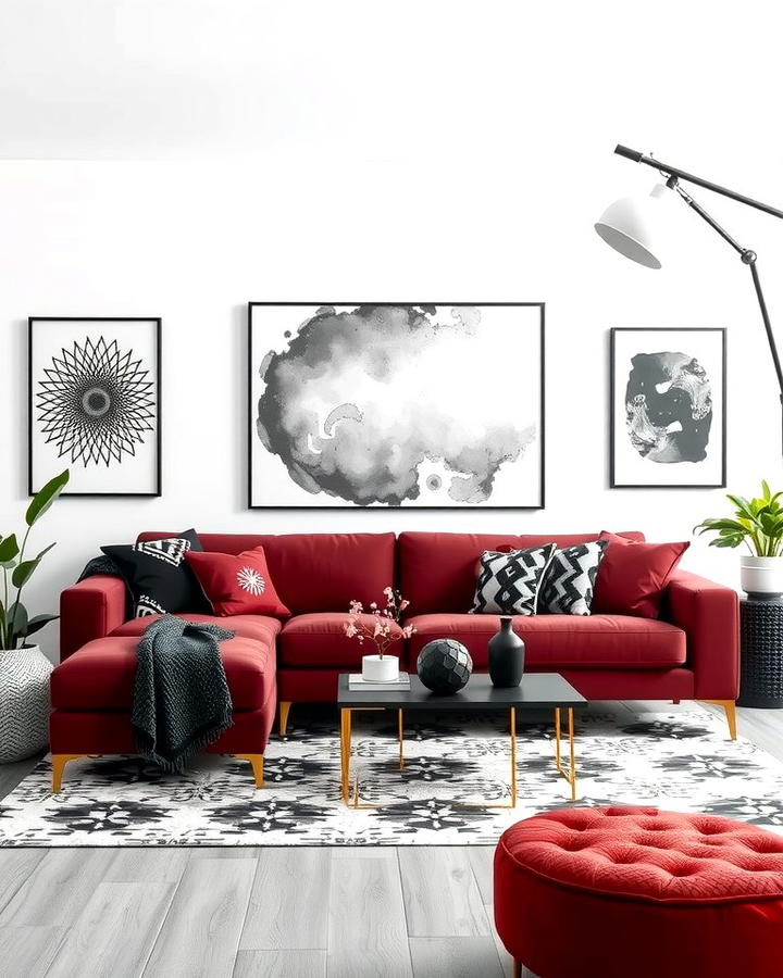 Burgundy Sofa with Black and White Decor