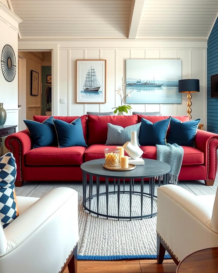 Burgundy Sofa with Blue Accents