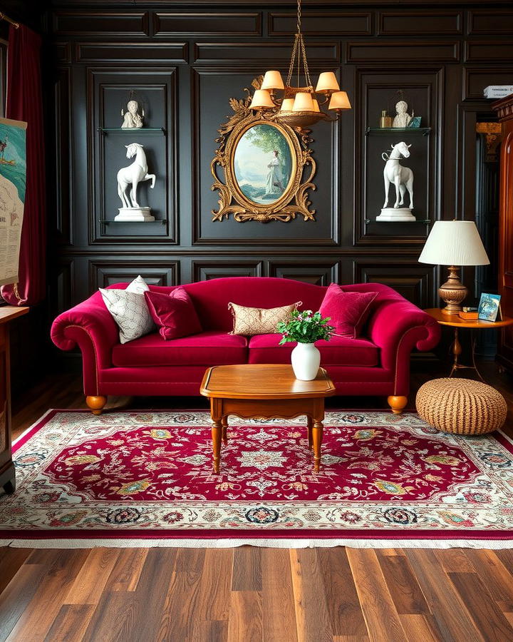 Burgundy Sofa with Dark Wood Elements