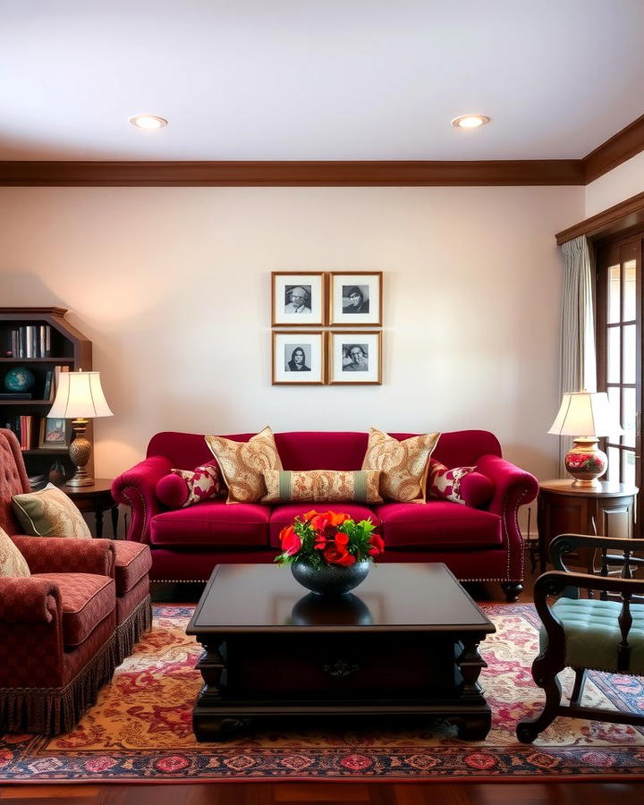 Burgundy Sofa with Dark Wood Furniture