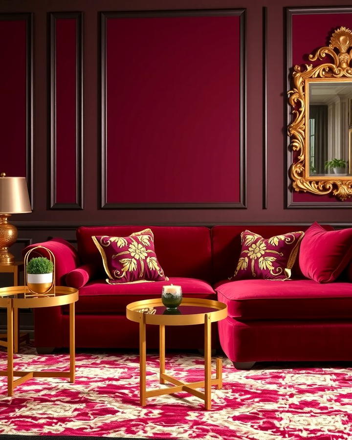 Burgundy Sofa with Gold Accents