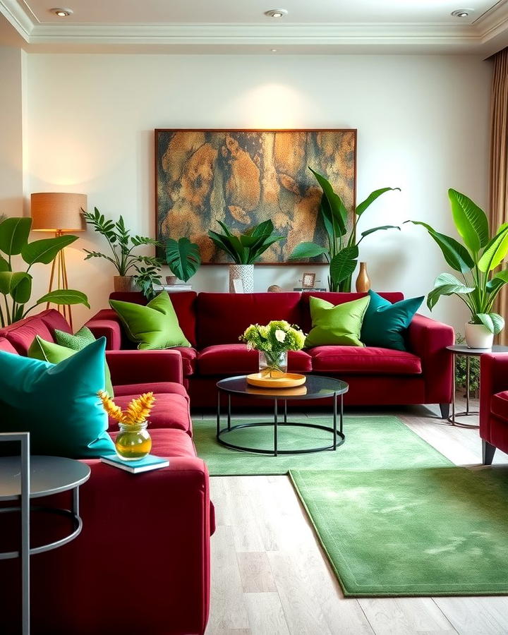 Burgundy Sofa with Green Accents 2