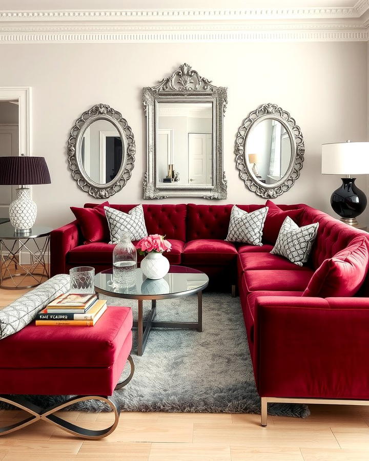 Burgundy Sofa with Metallic Silver Accents