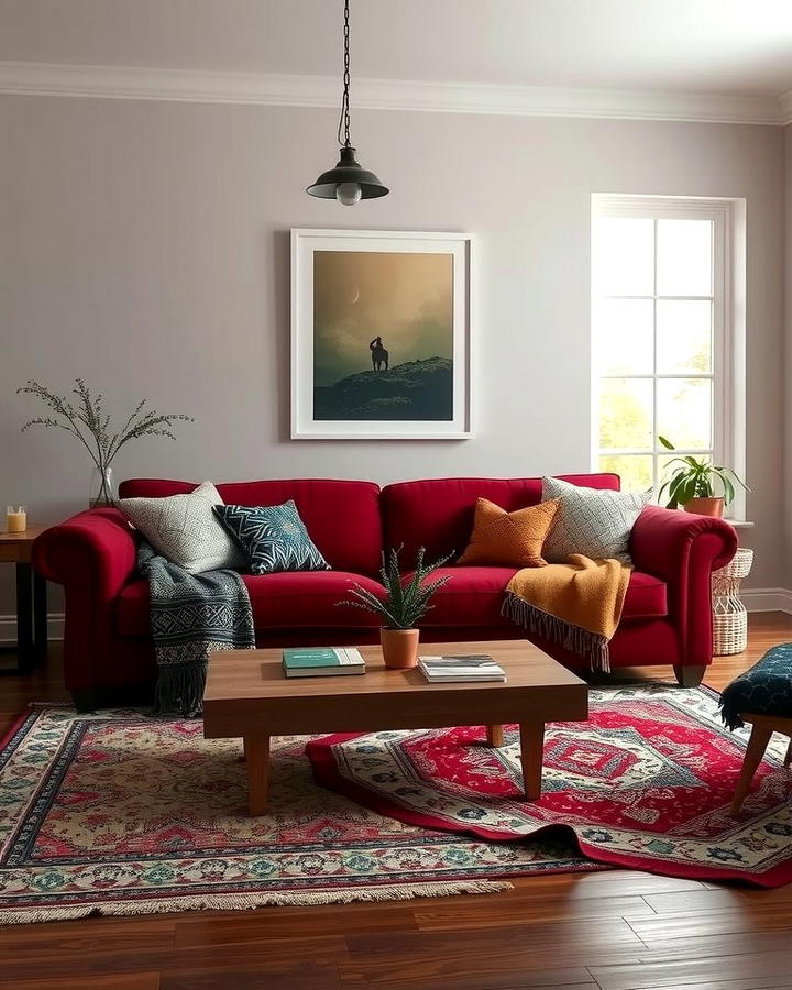 Burgundy Sofa with Patterned Rugs