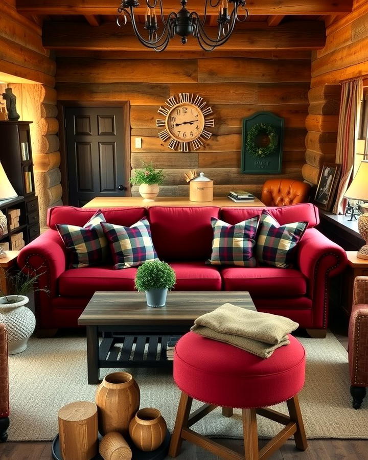 Burgundy Sofa with Rustic Decor 2