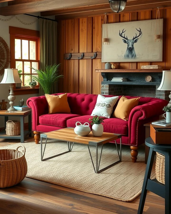 Burgundy Sofa with Rustic Decor