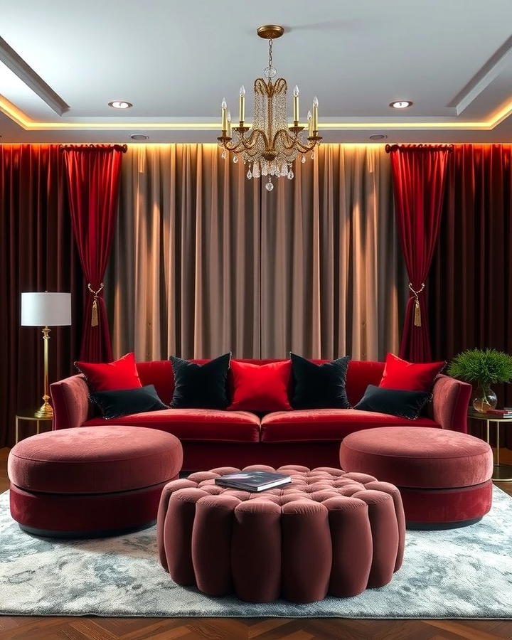 Burgundy Sofa with Velvet Textures