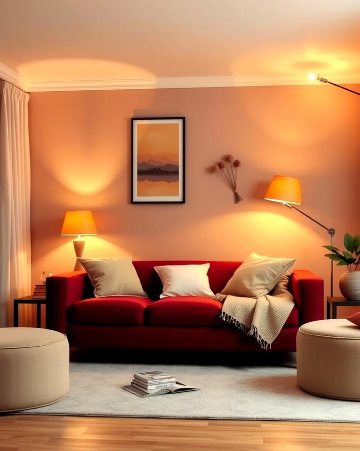 Burgundy Sofa with Warm Lighting