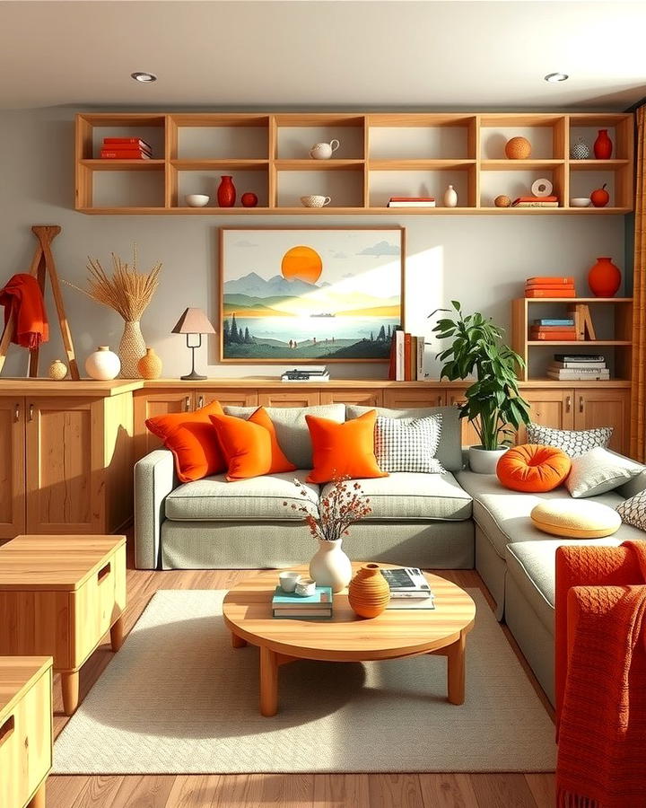 Burnt Orange and Natural Wood Elements