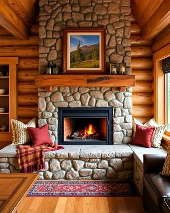 Cabin Fireplace With Built in Seating