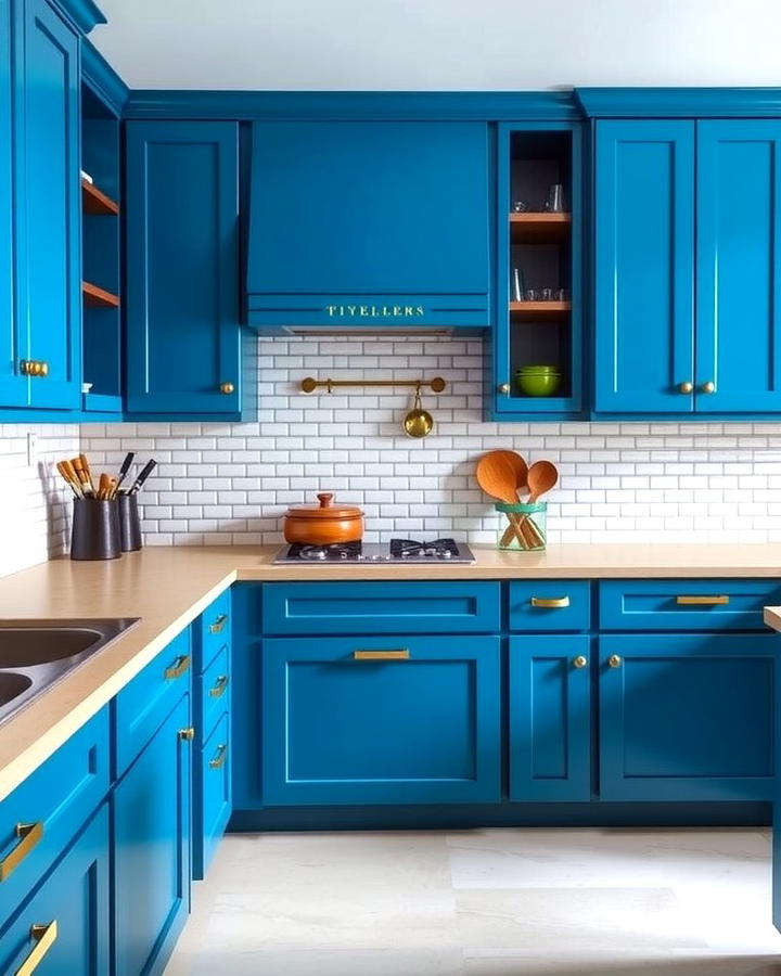 Cerulean Blue Cabinets with Brushed Gold Pulls