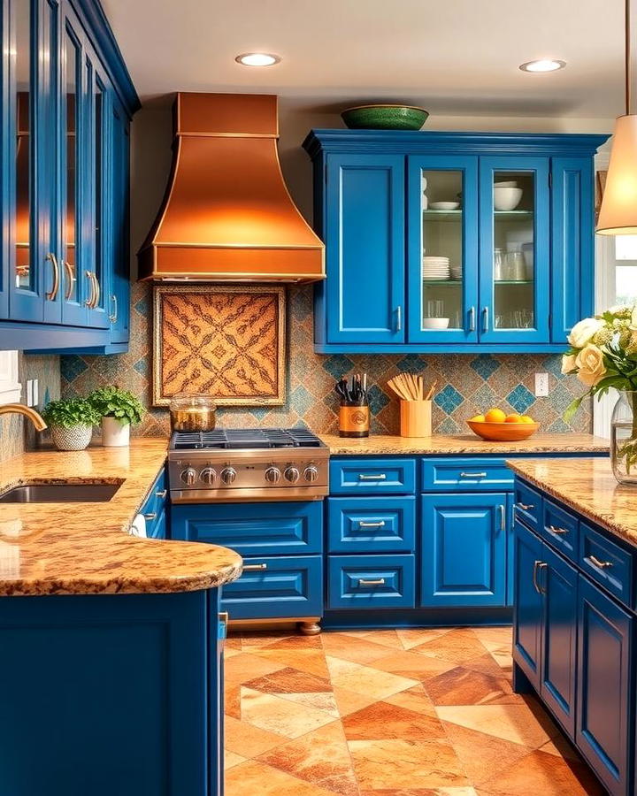 Cerulean Blue Cabinets with Cinnamon Brown Granite