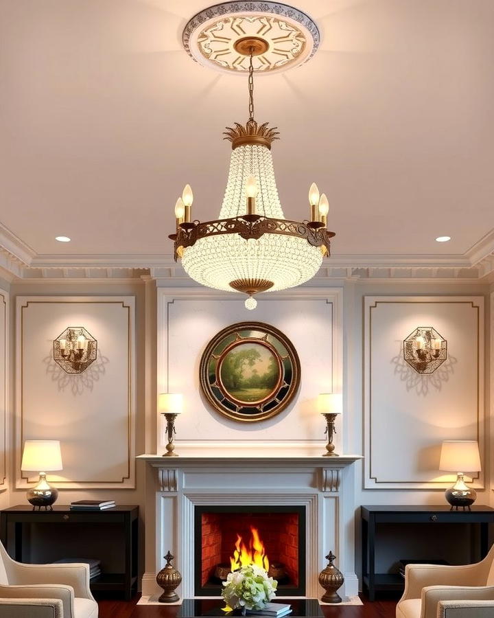 Chandelier Above the Fireplace for Elegance