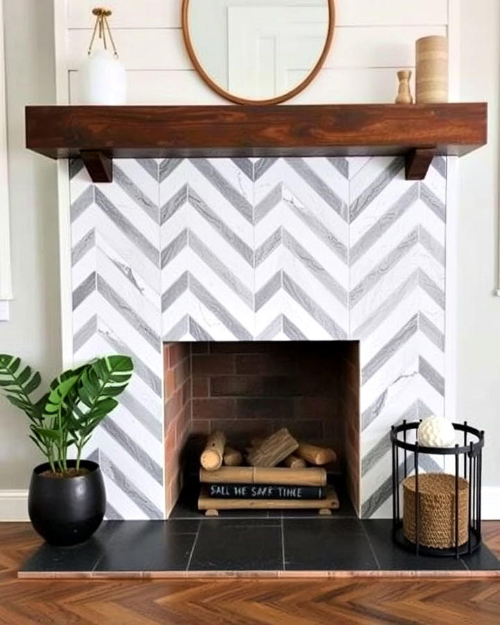 Chevron Pattern Tiles Farmhouse Fireplace