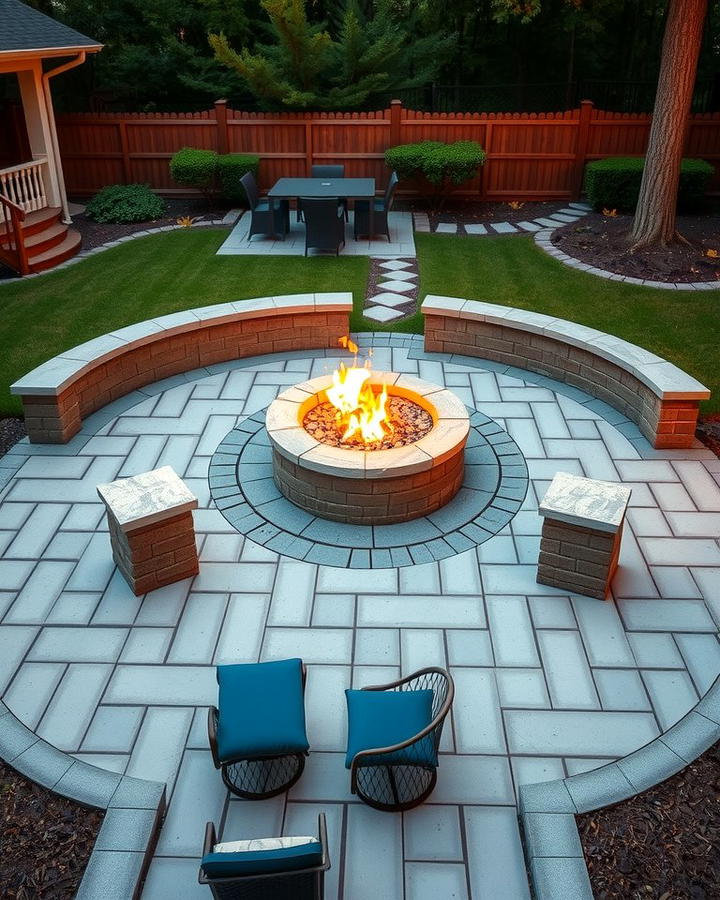 Circular Fire Pit with Symmetrical Paver Layout