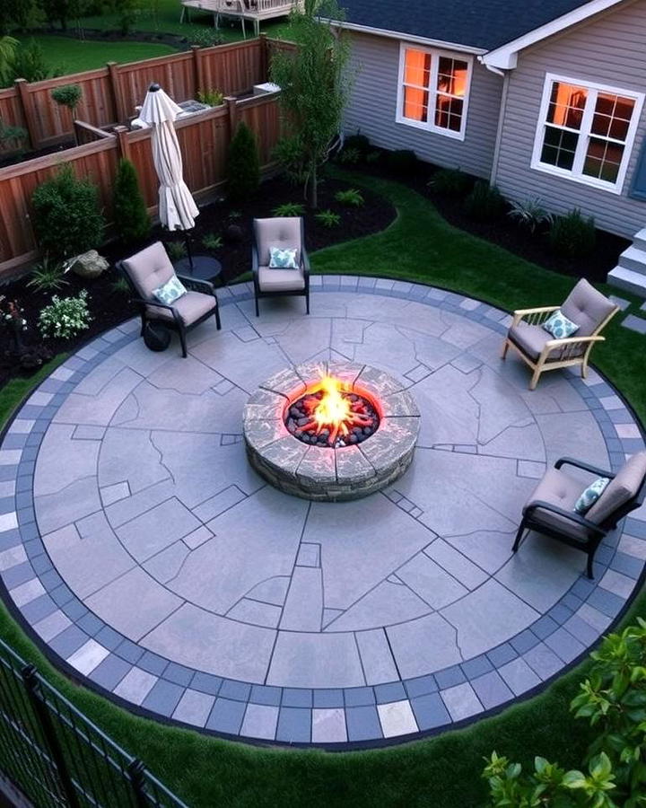 Circular Stamped Concrete Patio with Central Fire Pit