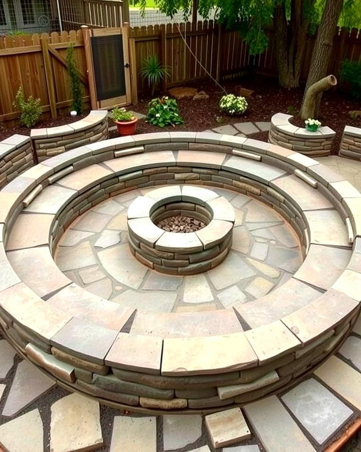 Circular Stone Fire Pit with Built In Seating