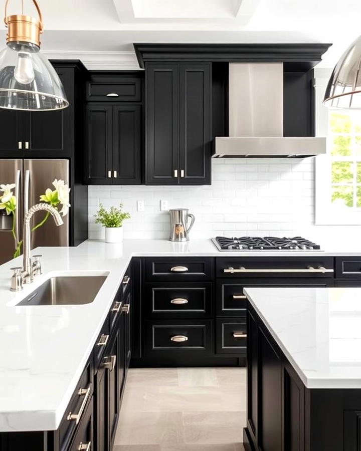 Classic Black Cabinets With Bright White Quartz Countertops