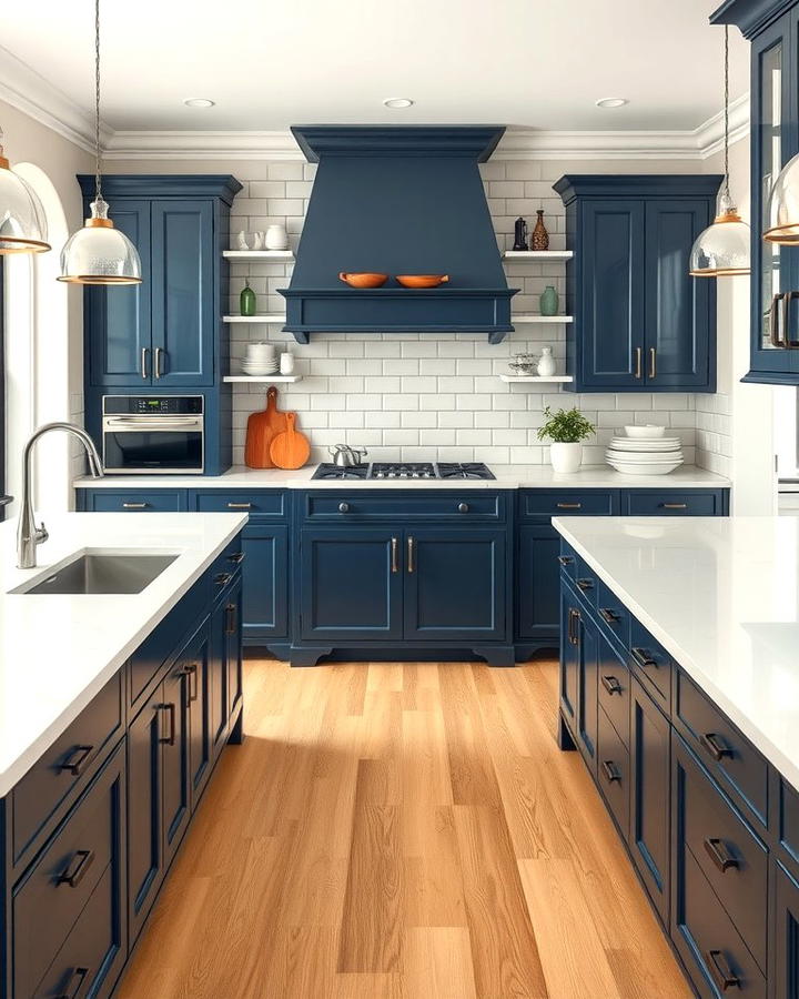 Classic Navy Blue Island with White Countertops