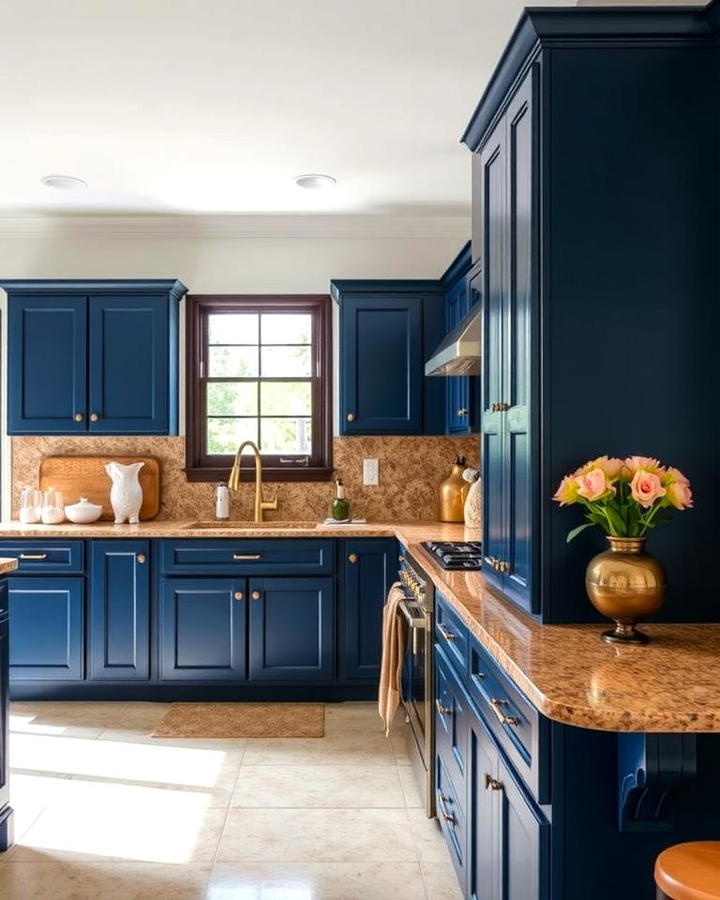 Classic Navy Cabinets with Earthy Brown Granite