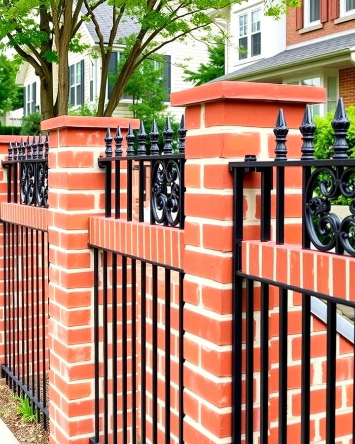 Classic Red Brick Fence with Wrought Iron Accents