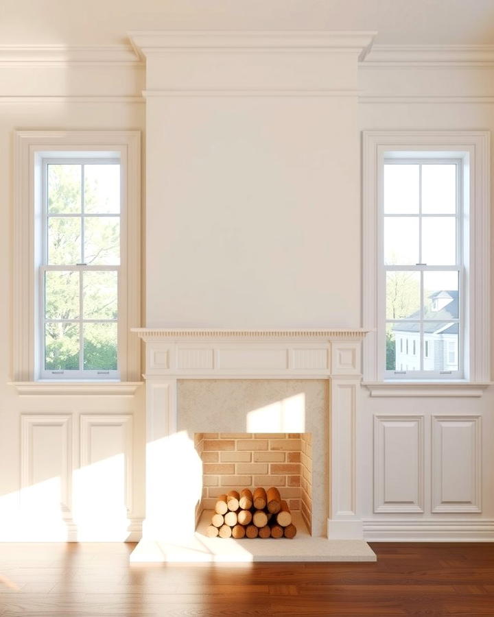 Classic White Mantel Fireplace Flanked by Windows