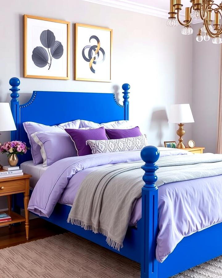 Cobalt Blue Bed Frame with Lilac Bedding