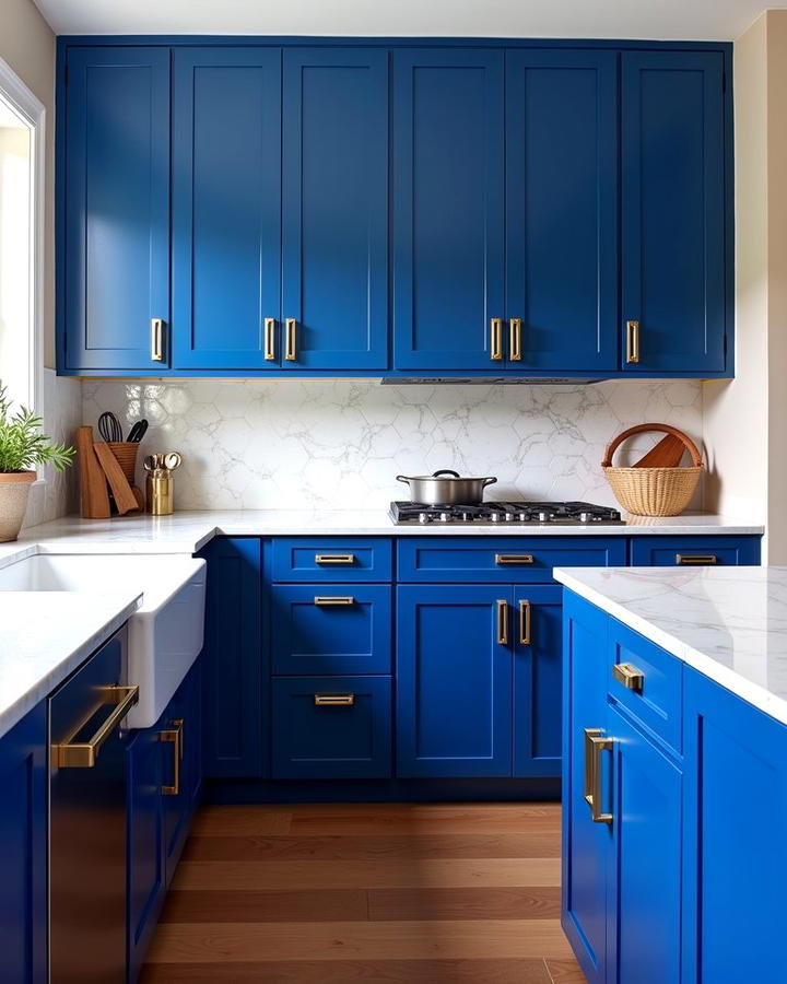 Cobalt Blue Cabinets with Oversized Gold Pulls