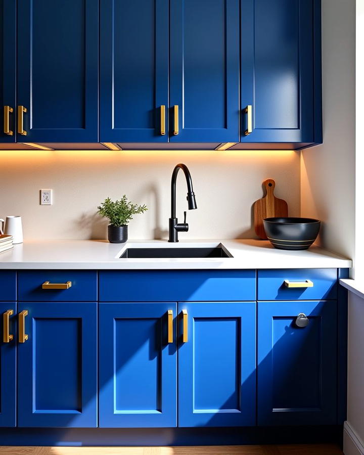 Cobalt Blue Cabinets with Statement Gold Handles