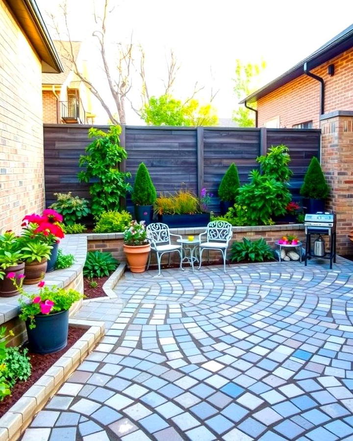 Cobblestone Patio with Integrated Planters