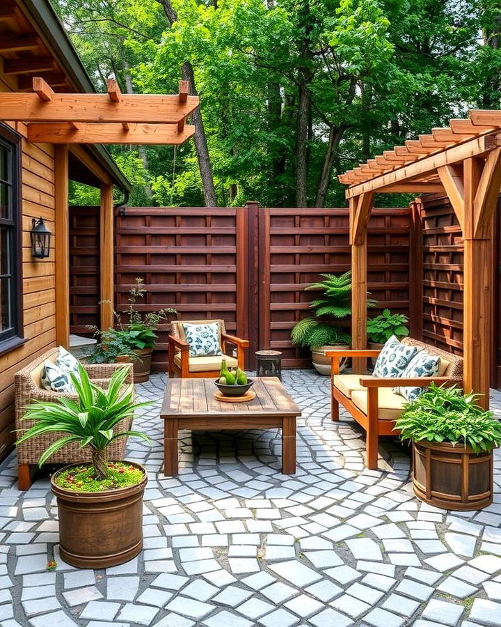 Cobblestone Patio with Wooden Accents