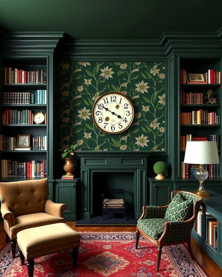 Combining Dark Green Walls with Patterned Wallpaper