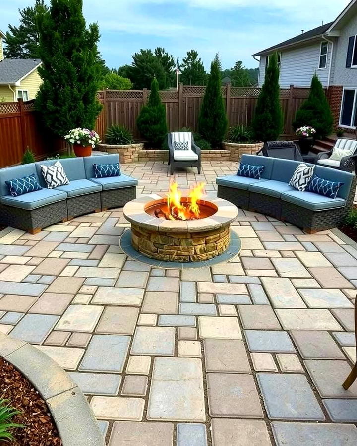 Concrete Paver Patio with Built In Bench and Fire Pit