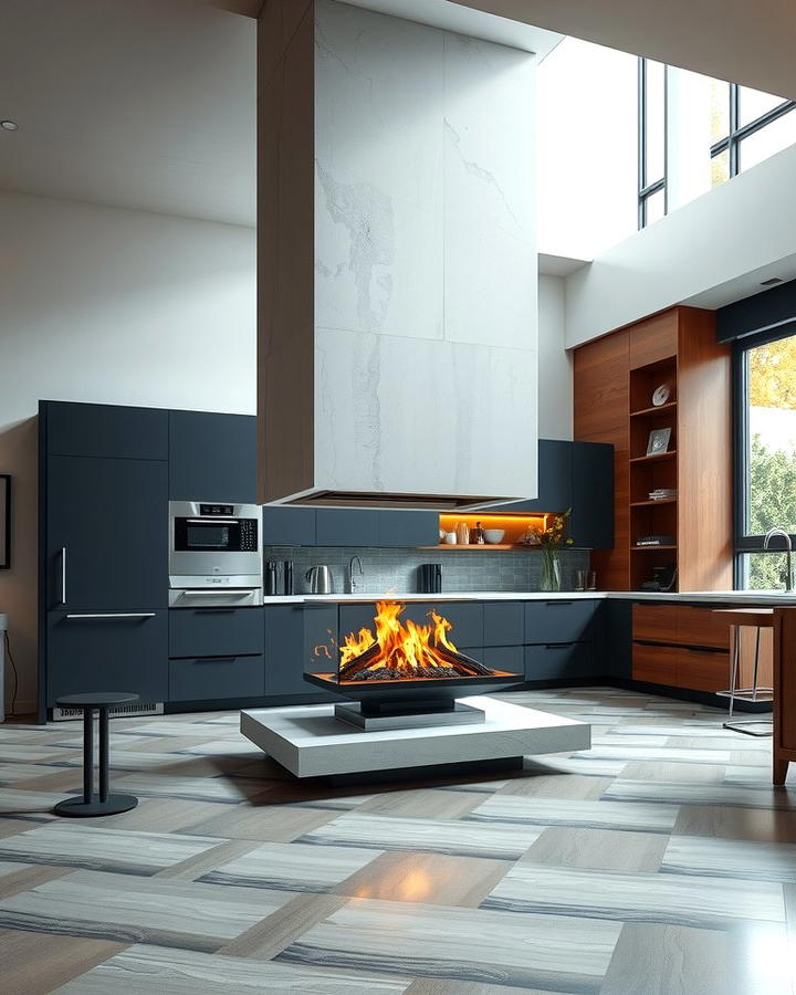 Contemporary Kitchen with a Glass Enclosed Fireplace