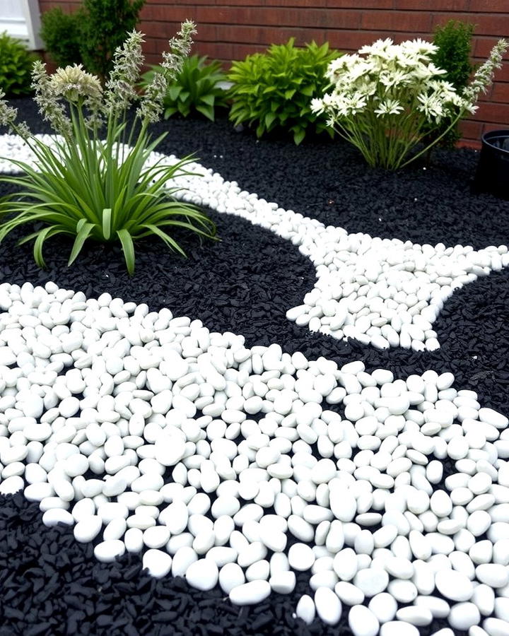 Contrasting Black Mulch with White Pebbles