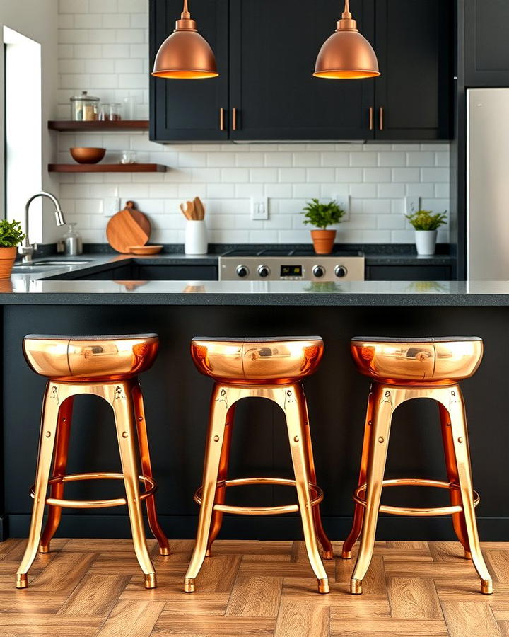 Copper Bar Stools Against a Black Island