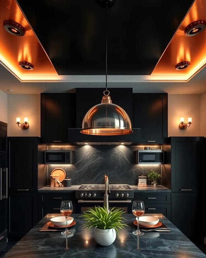 Copper Ceiling Accents in a Black Kitchen