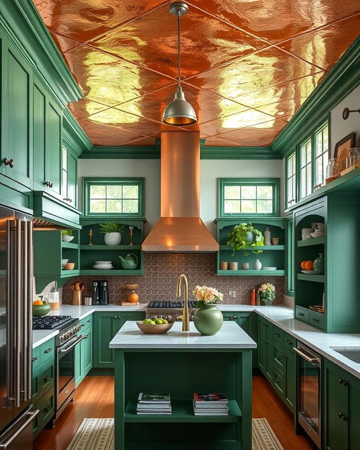 Copper Ceiling Panels with Green Accents