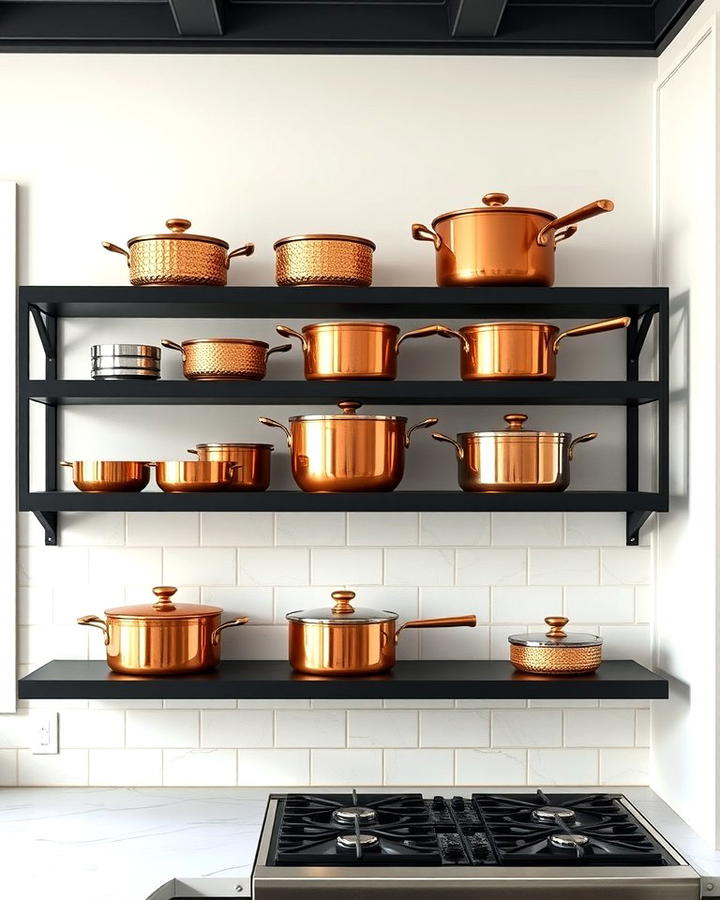 Copper Cookware Displayed on Black Shelves