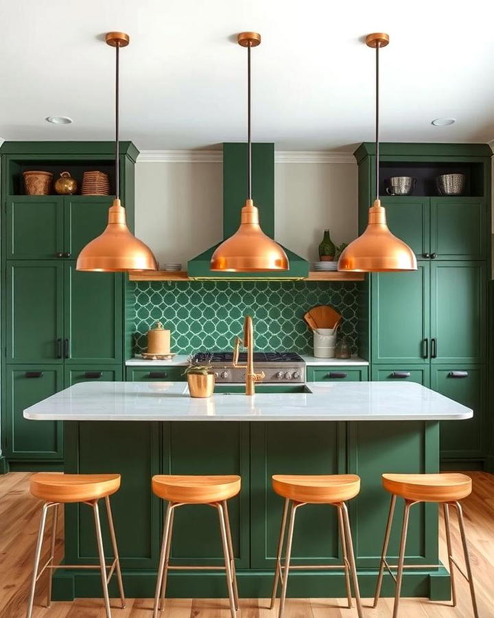 Copper Pendant Lights Over Green Island