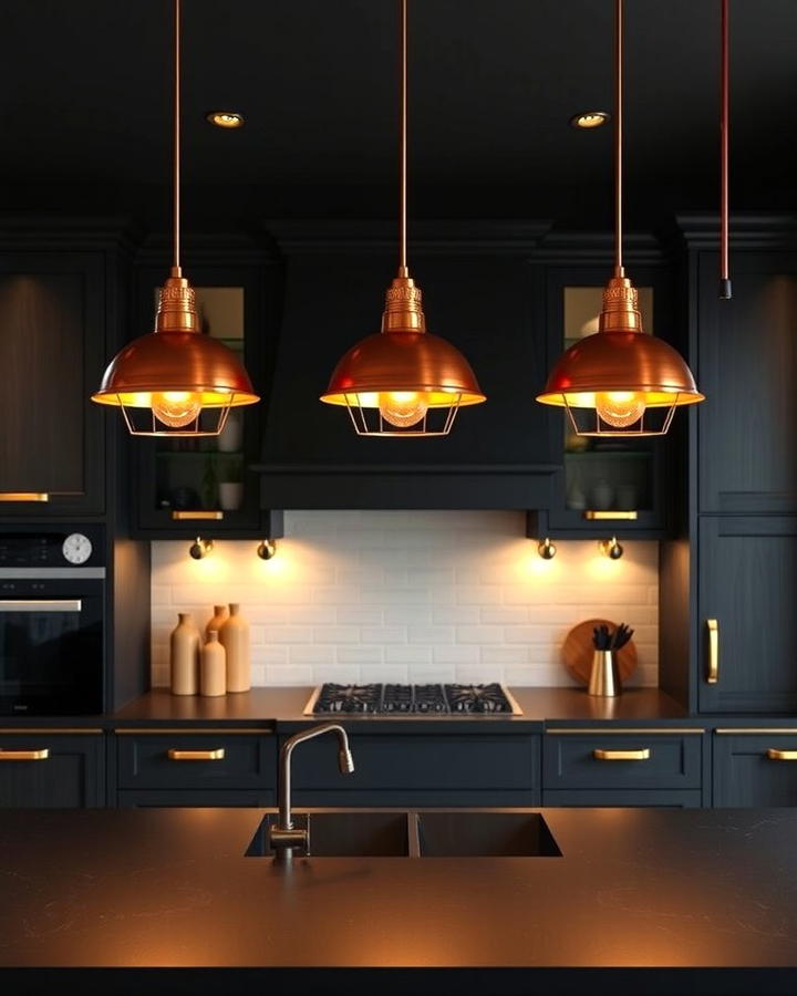 Copper Pendant Lights Over a Black Island