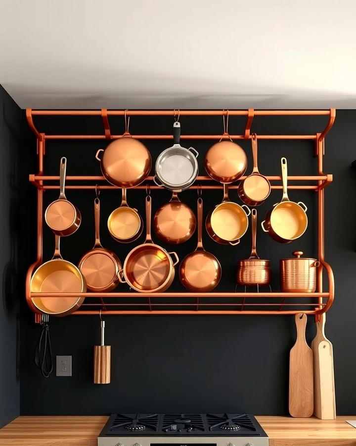 Copper Pot Rack Against Black Walls