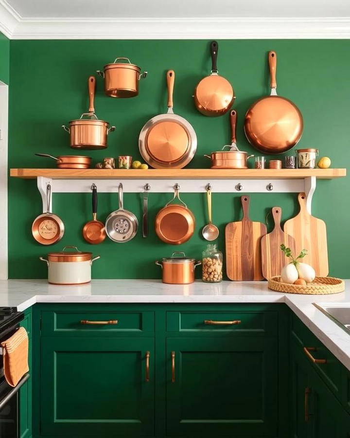 Copper Pots Displayed Against Green Walls