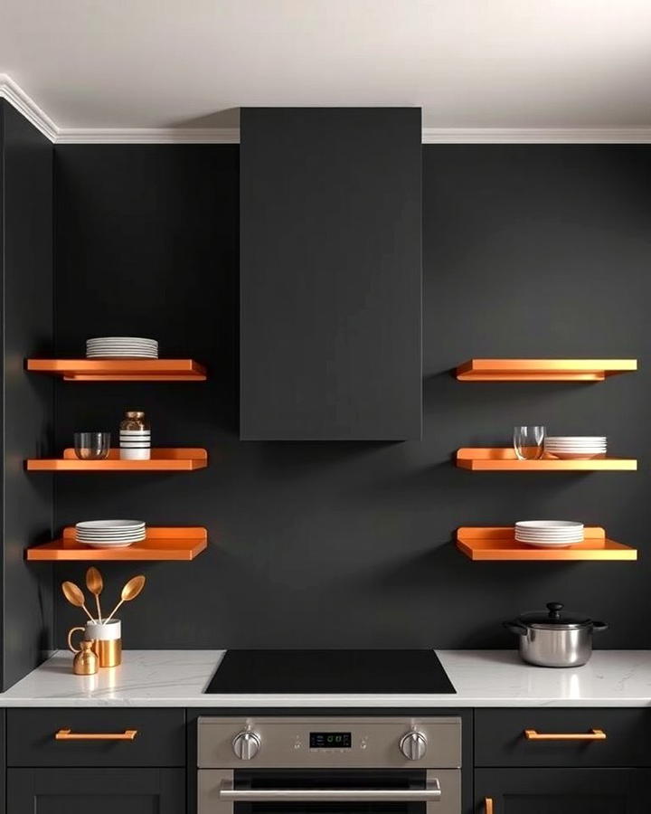 Copper Shelves Against Black Walls