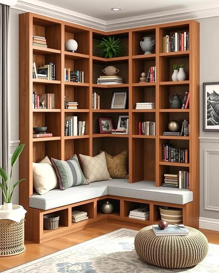 Corner Bookshelves with Integrated Seating