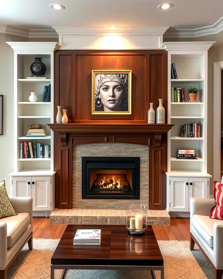 Corner Fireplace with Built In Shelving