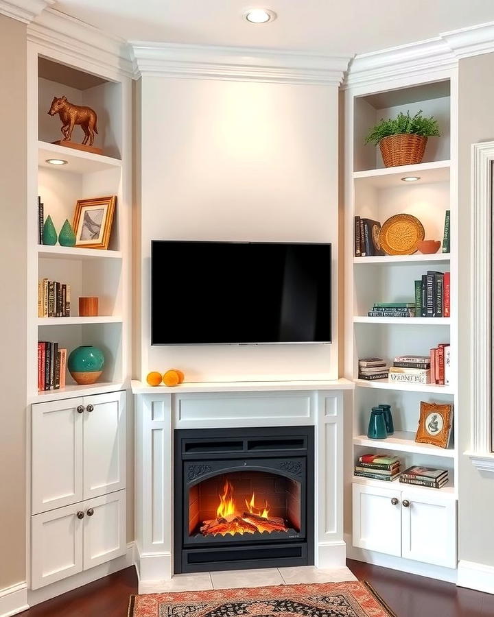 Corner Fireplace with Built In Shelving