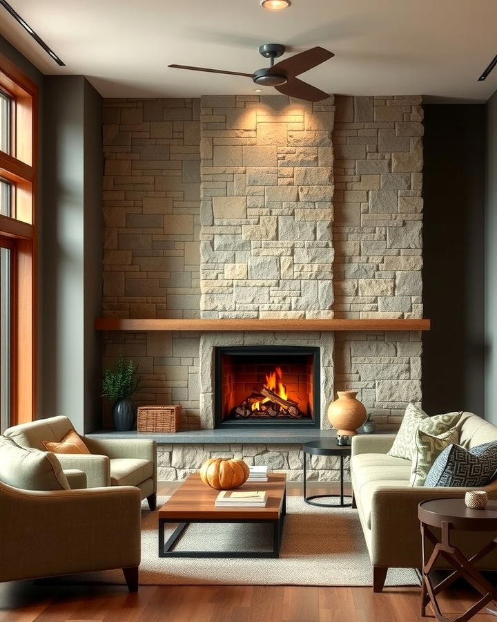 Corner Fireplace with Stone Accent Wall