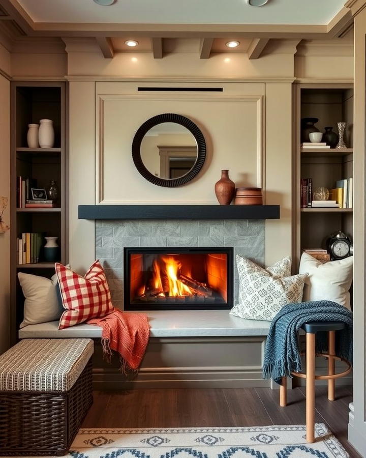 Corner Fireplace with a Built In Bench