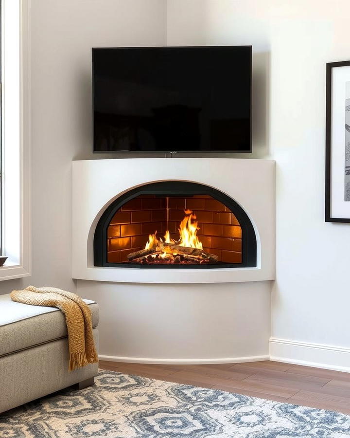 Corner Fireplace with a Curved Design